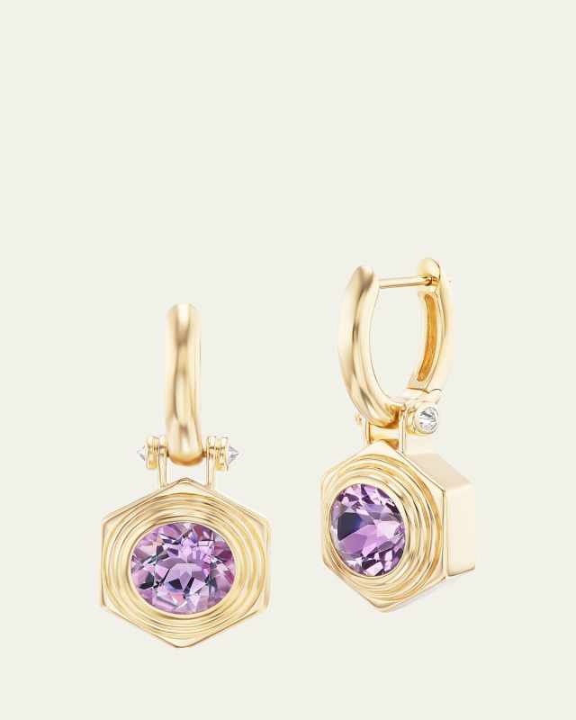 18K Yellow Gold Hexed Drop Huggie Earrings with Diamonds and Amethyst